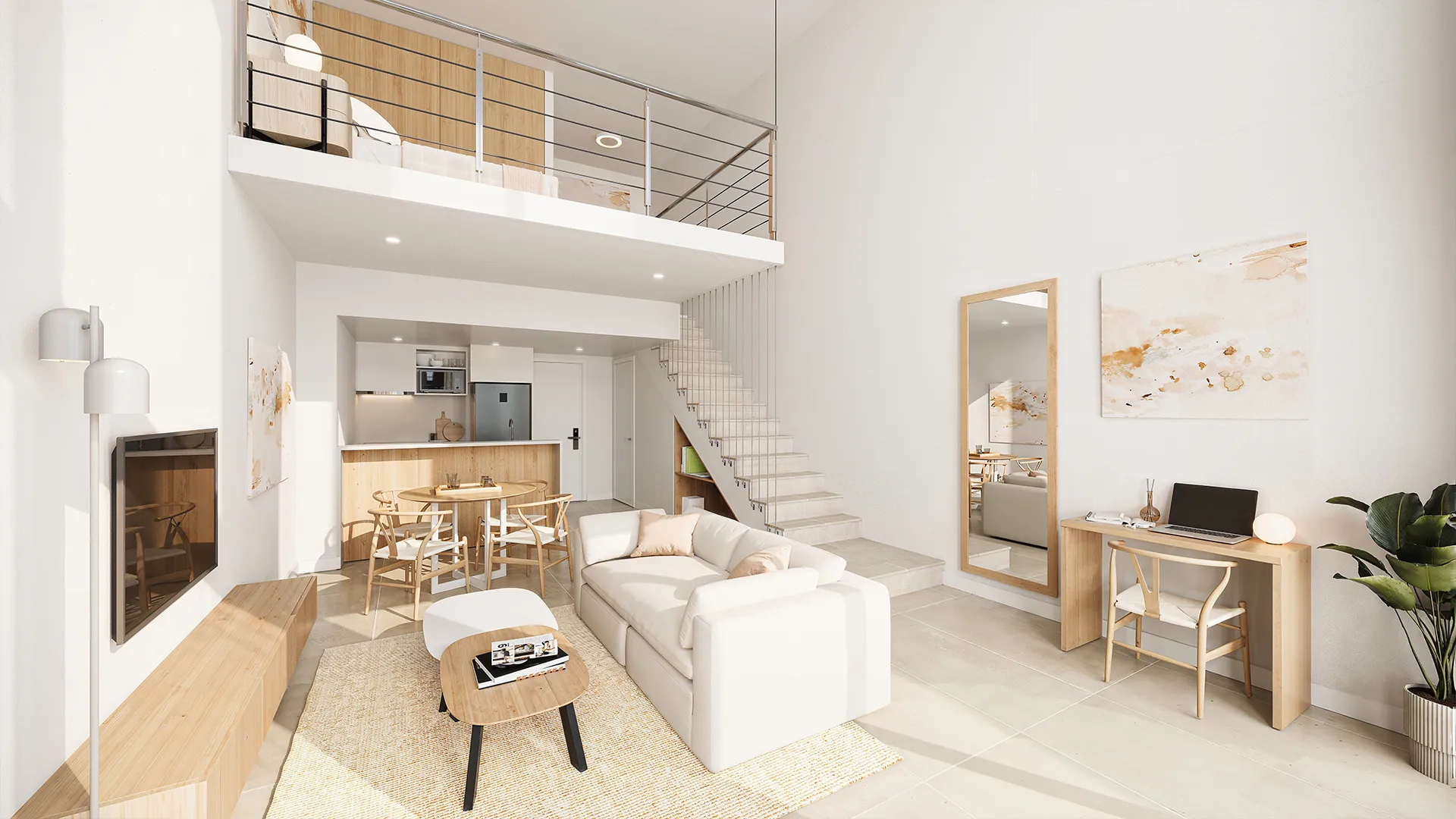 Interior moderno de sala con cocina y escalera