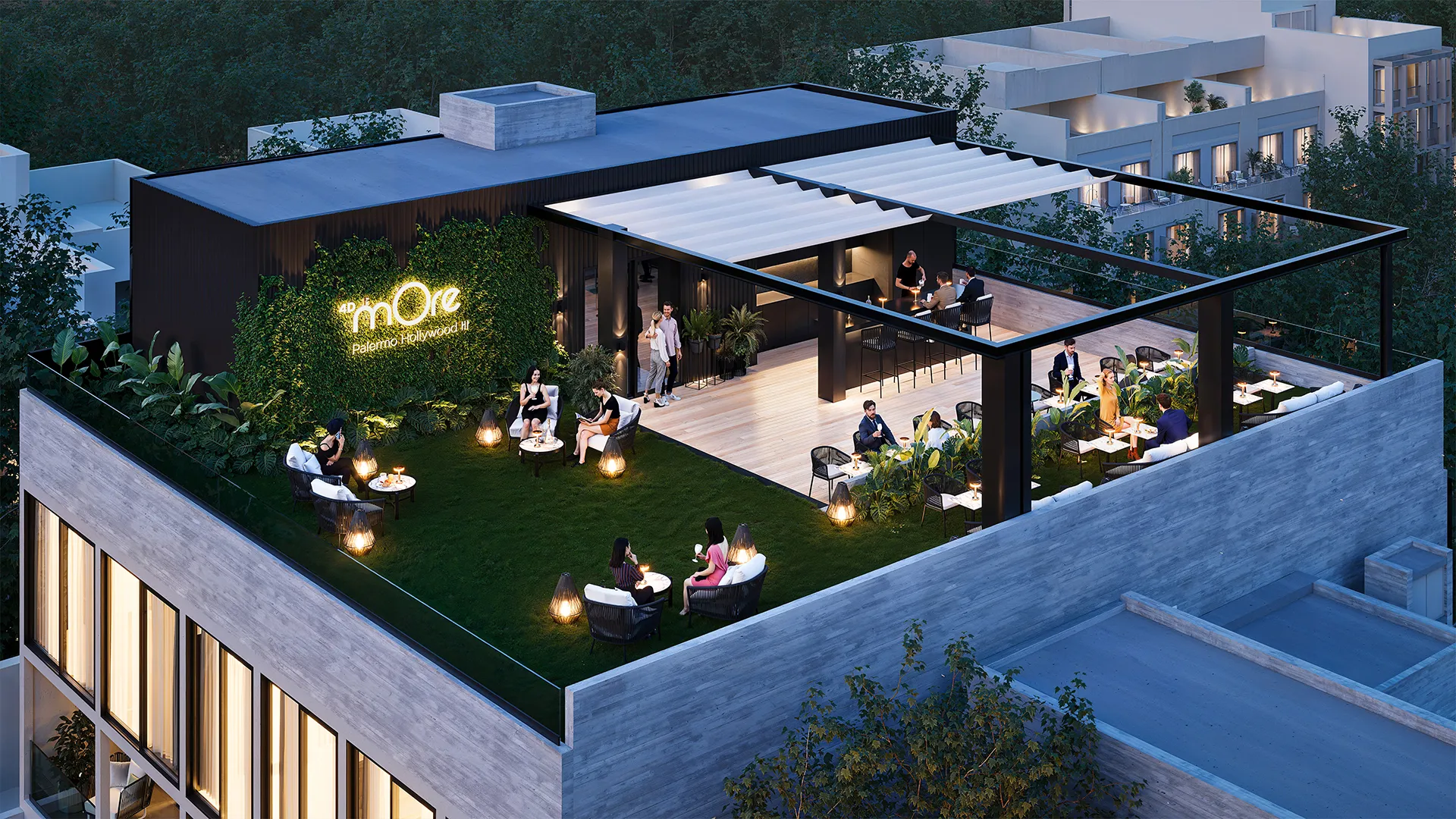 Terraza con espacio verde y áreas de descanso en un edificio moderno.